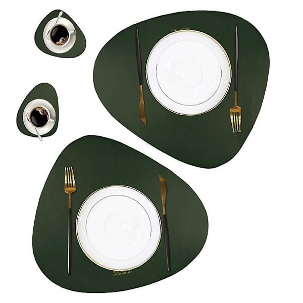Dubbelsidiga bordsunderlägg och set i PU-läder, 2 bordsunderlägg och 2 matunderlägg för hemmet (mörkgrön)