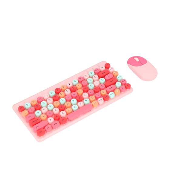 USB Tangentbord Mus Trådlös Söt Mix Färg 86 tangenter Retro Rund Konkav Keycap 1200DPI Gaming Tangentbord Mus Rosa