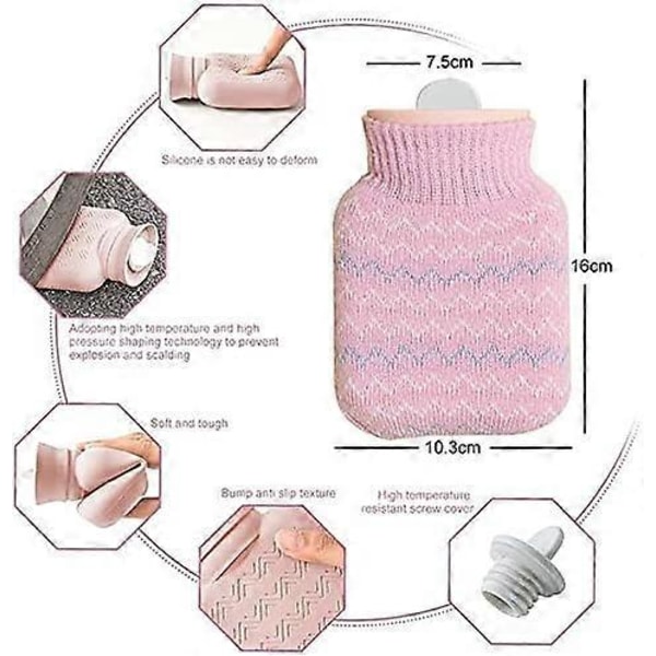 Rosa Liten Varmvattenflaska, med Stickat Överdrag, Mini Handvärmare i Silikon, Kan Värmas i Mikrovågsugn, Vattenpåsar för Varm och Kall Terapi, Lämplig för