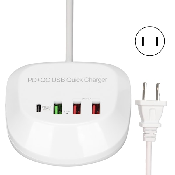 T3P USB-plugg multiportlader multifunksjonell 4-porters PD QC3.0 USB-laderhub 100-240V US-plugg
