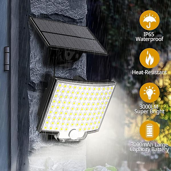 Solcelled Bevægelsessensor Overlygter - 106 LED'er, 3000lm - Fjernbetjening - Skumring til Daggry Solsikkerhed Væglygter - 5m Kabel