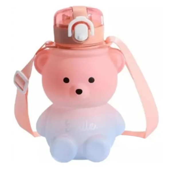 Kawaii björn vattenflaska bärbar söt barn vattenflaska med sugrör studsmatta lock axelrem gradvis rosa blå 800ml