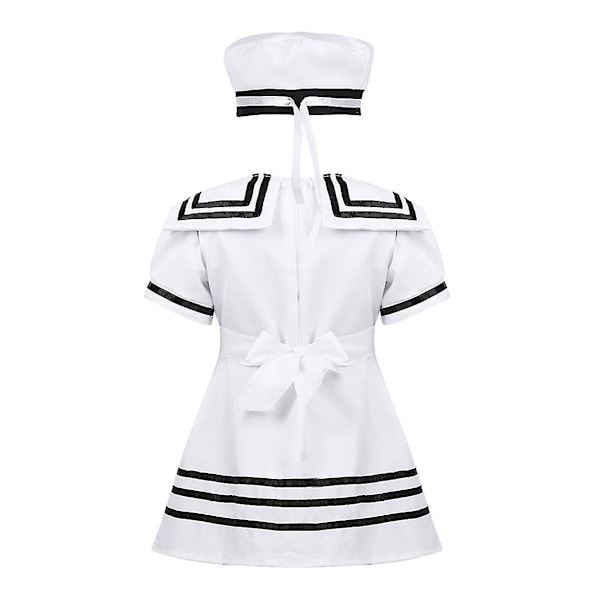 Børns Pige Sailor Skoleuniform Cosplay Kostume med Hat og Strømper Sæt 120cm Sort Hvid