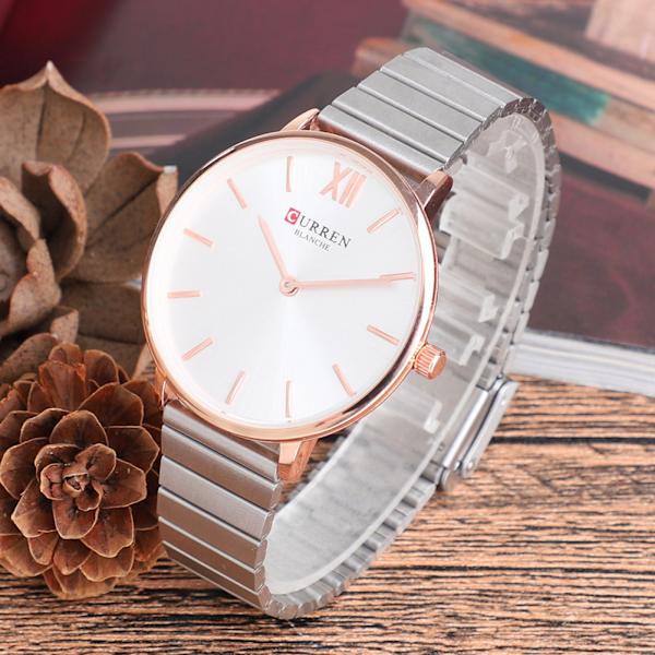 Vanntett legering Klokke Rund Urskive Analog Display Kvinner Kvarts Kvinner Armbåndsur Rose Gold&White