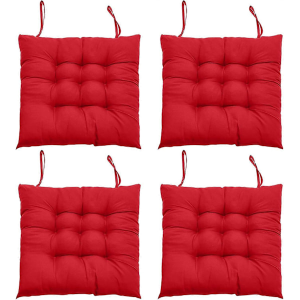 4-delars sittdynsset för matstolar, 40 x 40 cm bekväm sittdyna för matstol, köksstolsdyna med knytband (Röd)