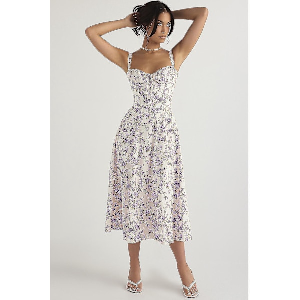 Floral Print Ærmeløs Ruched Buste Split Lår Boho Midi Kjole - Kvinder L Hvid Lilla Blomst