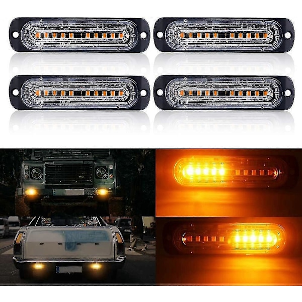 Gule LED Strobelys - 4D 4 stk, 10 LED, Nødlysbar for Bil Auto Blinkende - 12V 24V Sikkerhetslys