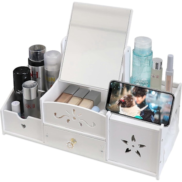 Makeup Opbevaring Multifunktionel Organizer, Hvid Bordplade Badeværelses Organizer, Makeup Opbevaringsboks med Spejl til Soveværelse/Badeværelse A