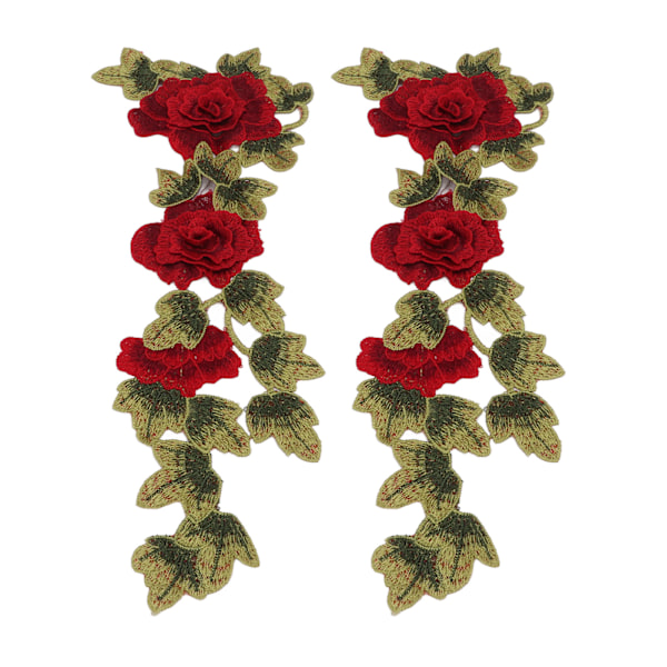 2 stk. røde blomsterbroderede patches, delikate blomsterdetaljer, lyse farver, strygepatches til tøj, håndtasker, hatte, bukser