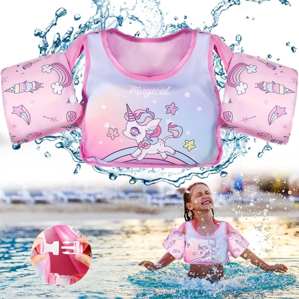 Rosa Unicorn flytevest for svømming, badedrakt for barn hjelper barn å lære å svømme. Passer for gutter og jenter i alderen 2-6, 14-30 kg