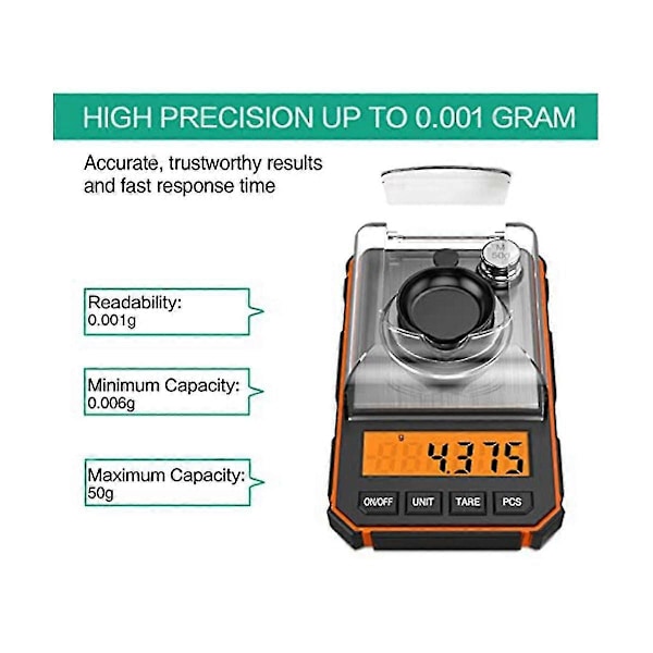 Fin Vægt 0.001G, Digital Milligramvægt 50G / 0.001G, Digital Lommevægt med LCD-Display, Lab