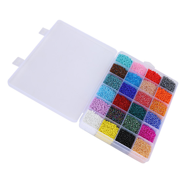 26400 stk. glasperler med huller i 24 farver, løse perler, armbåndsperler, opbevaringsboks, 2 mm