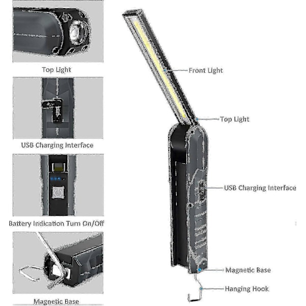 2 stk. Oppladbare LED Arbeidslys, Mekaniske Lys, Sammenleggbare Lommelykter med Magnetisk Base, Inspeksjonslys, Brukes til Camping, Bil M