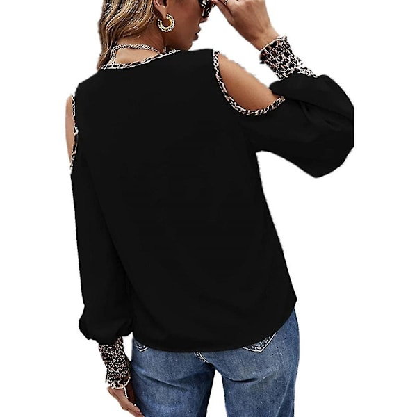Leopardmönstrad Chiffonblus med Kalla Axlar för Kvinnor - Lös Casual Topp - Svart