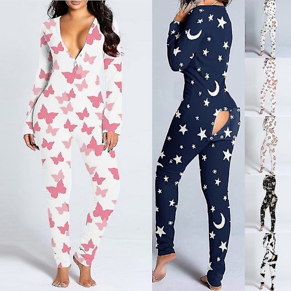 Sexiga kvinnors rumpflik-jumpsuitpyjamas - Bekväma loungekläder 2XL måne stjärnor