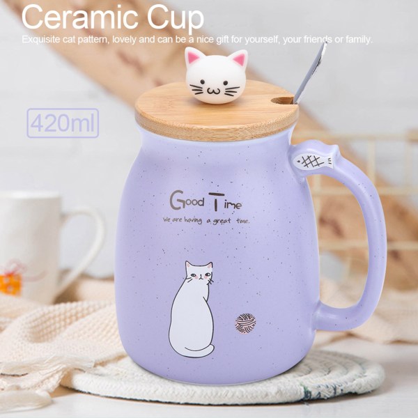 1 st Lovely Cat Keramikkopp med sked och lock Kaffevatten Mjölkmugg för Dryckespresent (lila)