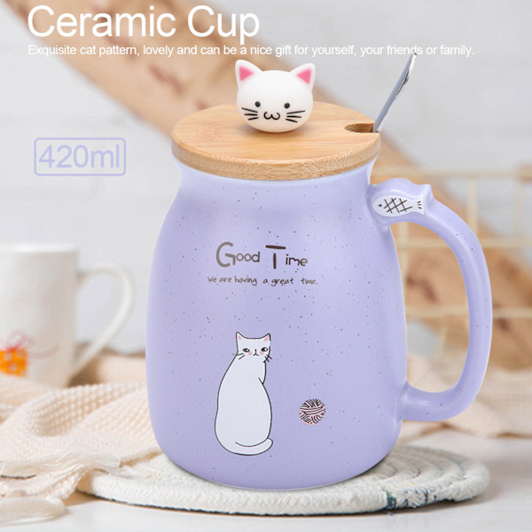 1 st Lovely Cat Keramikkopp med sked och lock Kaffevatten Mjölkmugg för Dryckespresent (lila)