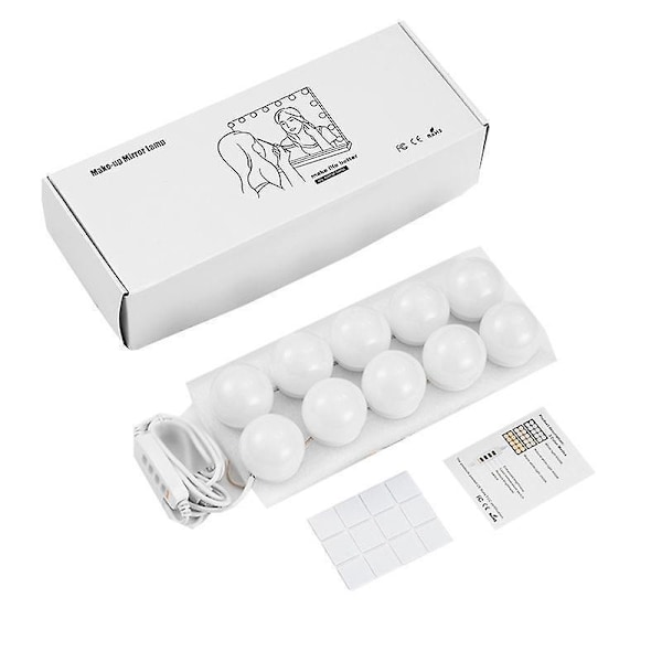 LED Spejl Lys Kit til Toiletbord, med 10 Dæmpbare Pærer, og 3 Lysindstillinger, Hvid, 20.2*14.5*5.3cm