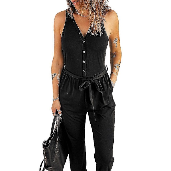 Elegant sort, ærmeløs V-hals jumpsuit til kvinder