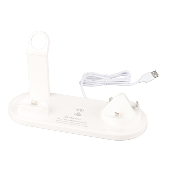 4 i 1 trådløs lader, hurtig trådløs ladestasjon, brakettstøtte for iPhone 14, for iWatch, for IOS-ørepropper, hvit