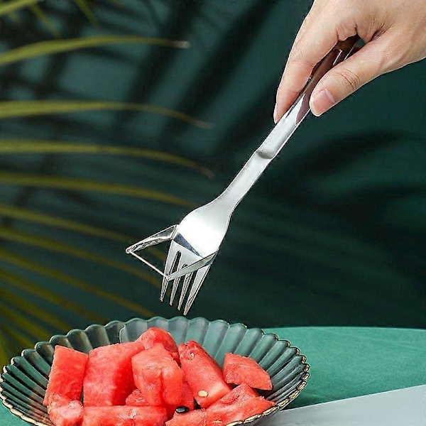 2 i 1 Vannmelonkutter og -deler - Fruktkuttgaffel i rustfritt stål Melon Cube Cutting Tool for kjøkkenutstyr