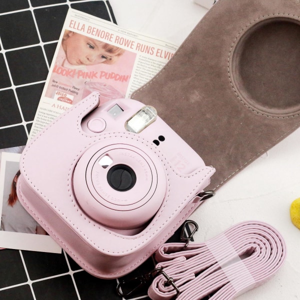 Pink Instax Mini 12 kamerataske - Glat PU læder skuldertaske med indbygget lomme
