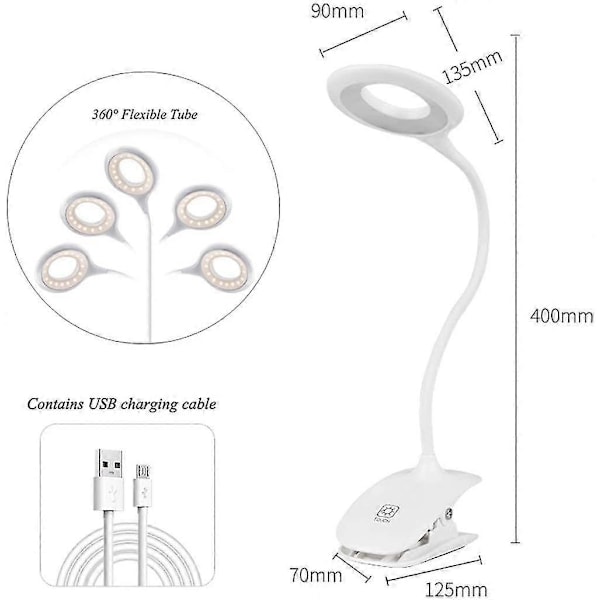 Nattbordslampe, LED Klemmelampe for Lesing 360 Fleksibel Svanehals, hvit b2 hu ZD