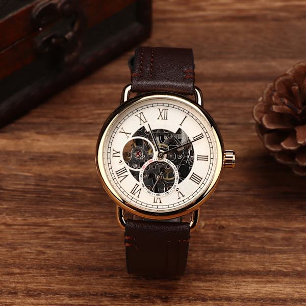 FORSINING Fashionabla watch Mekanisk halvautomatisk watch med ihåligt mönster (White SurfaceGold- case )
