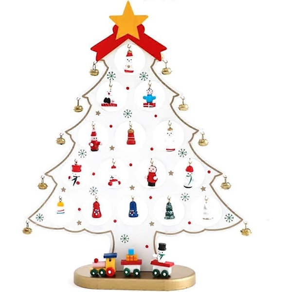 Miniatyr juletre i tre for bordplate med 36 miniatyrpynt, morsomt Xmans trelekesett for skrivebord, ensidig juletrepynt (hvit, L)