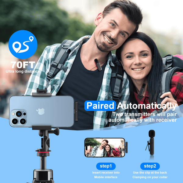 Trådløs mikrofon for iPhone iPad Android, ladeetui med adapter, støyreduserende plugg inkludert