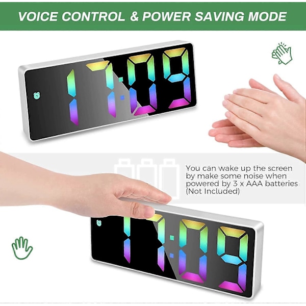 Digitalt Vækkeur, 6,5 tommer Digitalt Ur LED Spejl Digitalt Vækkeur med Temperatur Snooze Stemmeaktiveret 12/24 Timer 3 Lysstyrkeniveauer Alar