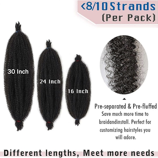 24 tuumaa Pr-spars Springy Afro Twist -hiukset, 8 pakkausta Pr-Fluffed Spring Twist -hiuksia Distressed Soft Locs -kampauksiin, luonnollinen musta Marley Twist -lettikampaus E
