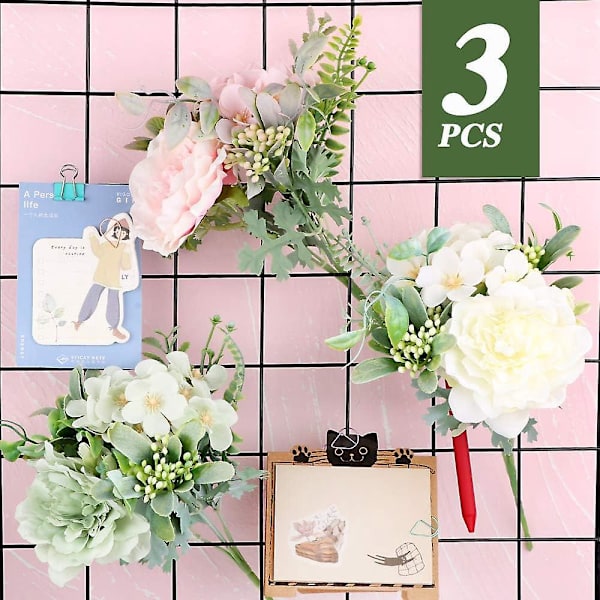 3-delt kunstig Peony Camellia-blomstrende plante for DIY retro-dekorasjon i hjemmet, kontoret, hage, fest, bryllup - hvit, rosa, grønn