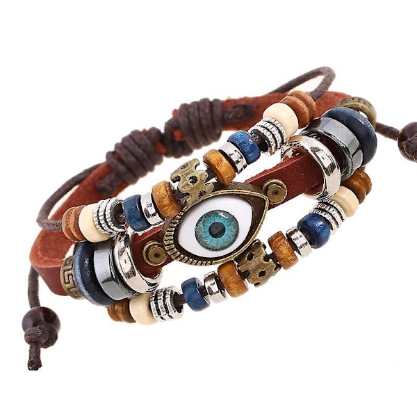 Multi-layer Leather Bracelet for Men - Ethnic Weave Wristband for Protection, 3 Pieces (Brown)