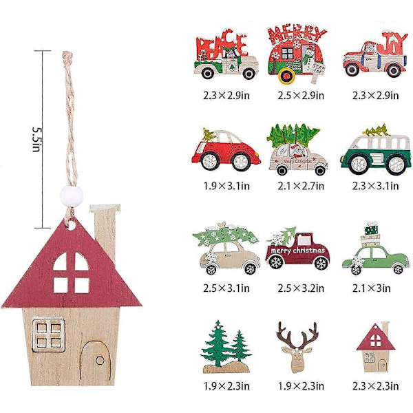 Nyttår Elg Trehus Bil Rustikk Håndlaget Tre Hengende Juletre Dekorasjon Festutstyr Hengende Anheng Ornamenter Sett med 3 (StyleCar A)
