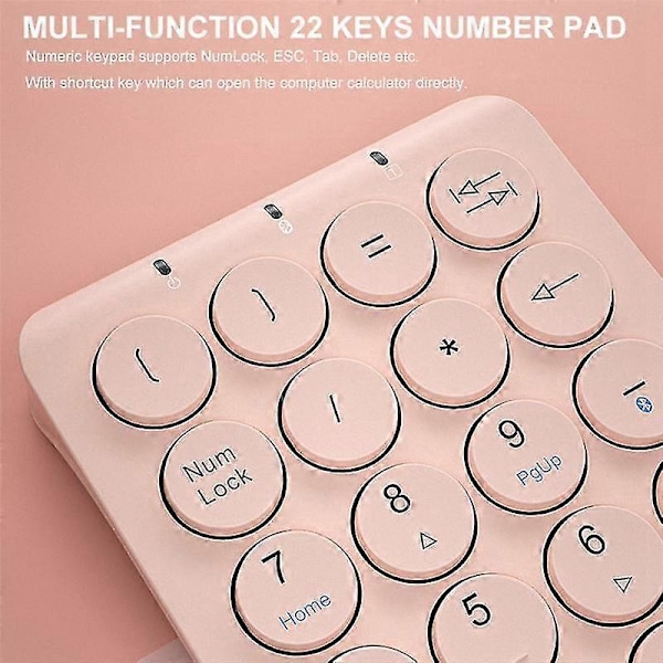 Trådlöst Numeriskt Tangentbord Bluetooth Numerisk Knappsats Runda Tangenter Numpad 22 Tangenter Uppladdningsbart Numeriskt Tangentbord (Rosa)