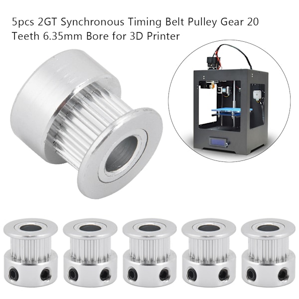 5 st 2GT synkrona kuggremshjul 20 tänder 6,35 mm hål för 3D-skrivare