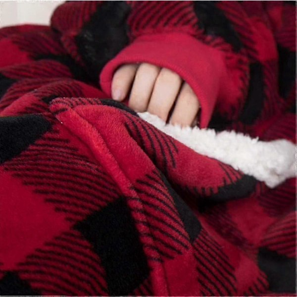 Blanket Sweatshirt Oversized Hoodie Bærbar Blanket Blød Varm Komfortabel Kæmpe Frontlomme - Ny SZJR Rød og sort tern