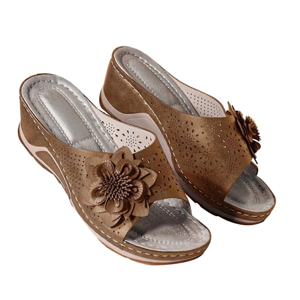 Women's Orthopedic Arch-Support Wedge Sandals with Hollow Flower Design37 Brown