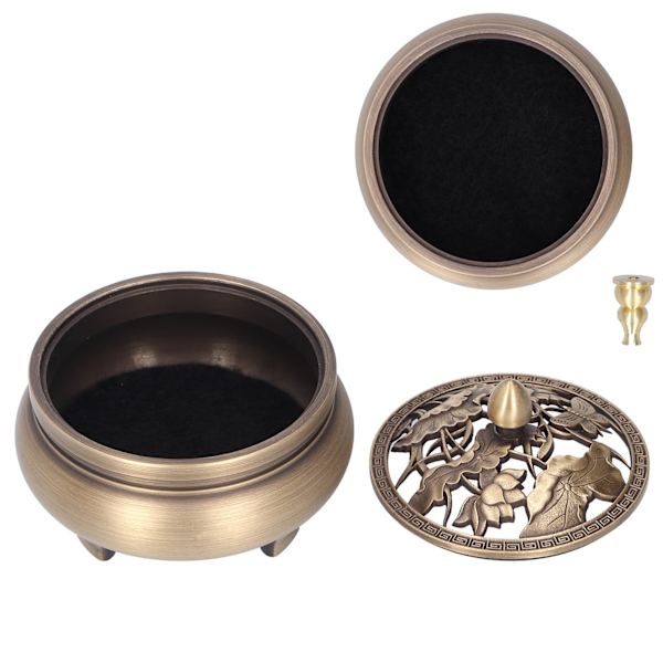 Antik Messing Røgelse Brænder Holder Med Låg 3-Benet Buddha Ornament Hjem Indretning