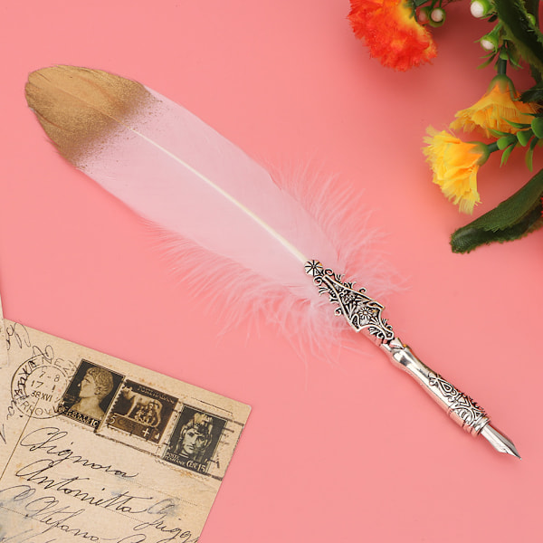 European Vintage Feather Fountain Pen Kalligrafia Quill Dip Pen Set Sisustuslahja (valkoinen)