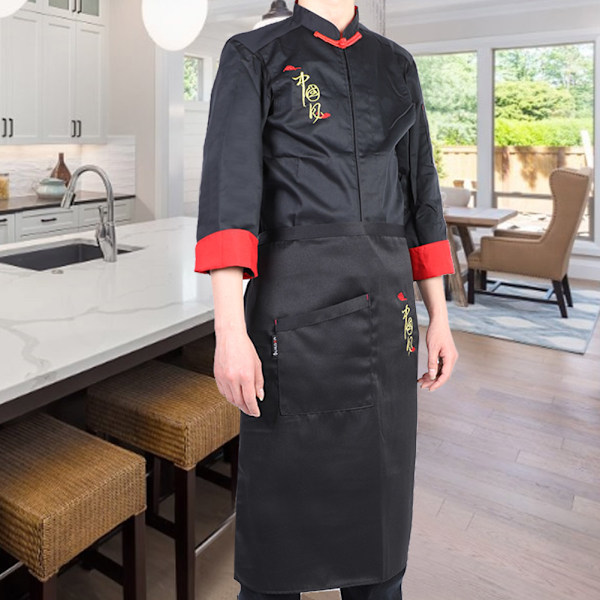 2 stk. Vintage Unisex Kokkeuniform Sæt Kokkejakke Langærmet Kokkefrakke med Forklæde (Sort XXL)