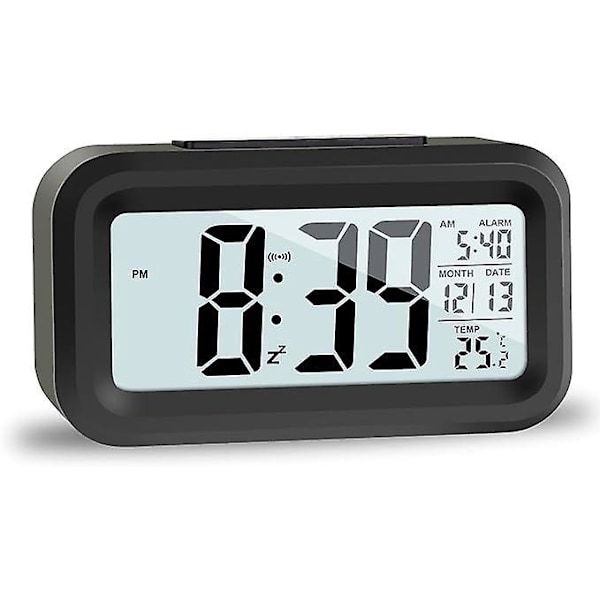 LCD Digital Väckarklocka, Reseväckarklocka med Datum och Temperatur Snooze-funktion, Tick-fri Digital Klocka för Sovrum, Hemmakontor