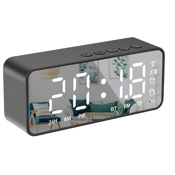 Intelligent Digital Display Vækkeur Multifunktionel Bluetooth 5.0 Spejlfinish Smart Højttaler til Soveværelset