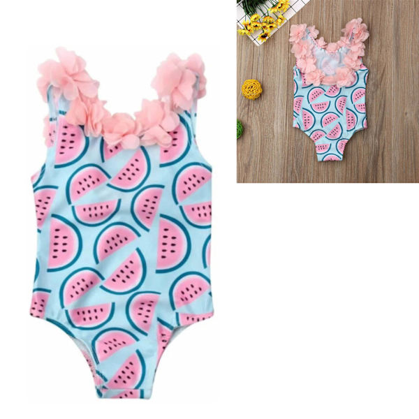 Barnbaddräkt för flickor med vattenmelonsmönster och 3D-blommor, enfärgad baddräkt för strand, rosa och blå, 110 cm/43,3 tum