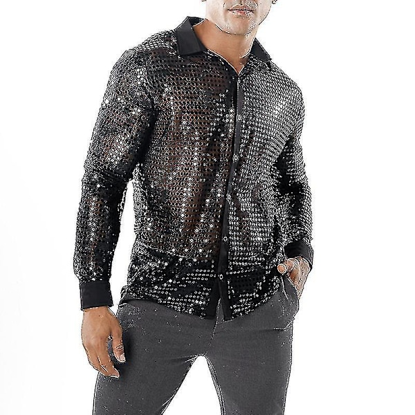 Skinnende Mesh Top med Sequin til Mænd, 60'er 70'er Disco Danse Skjorte L Sort