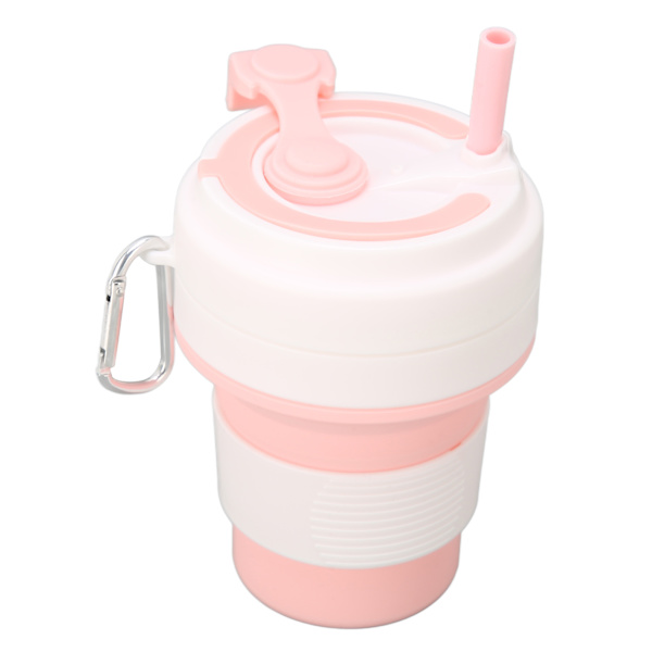 Vikbar kaffekopp Silikon Rosa 350 ml Bärbar Bra tätningsprestanda med sugrör Vikbar kaffemugg för resor