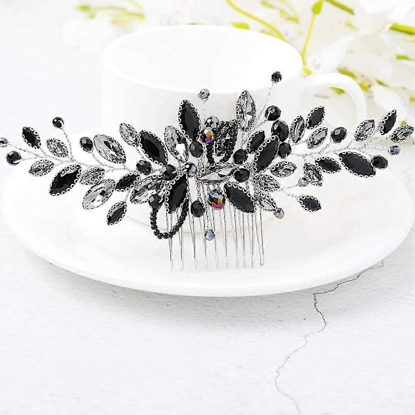 Sølv Rhinestone Brude Hårkam (Sort)