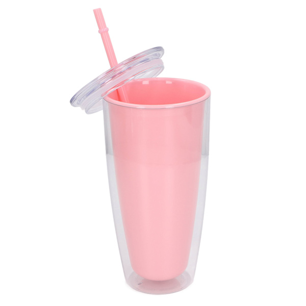 Dubbelväggig mugg med lock och sugrör 750 ml Dubbelväggig mugg med stor kapacitet Vattenflaska med bred öppning Splittersäker Rosa