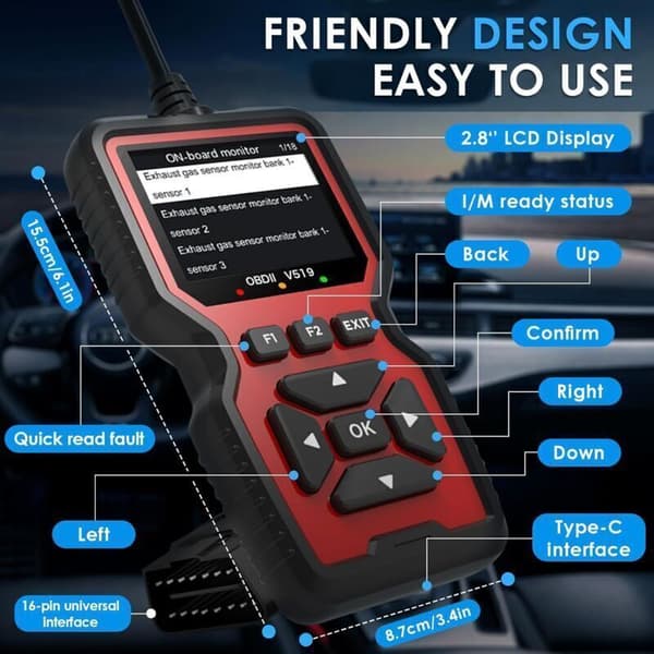 – OBD2 feilkodeleser V519 – Multimerke bildiagnoseverktøy – 2,8-tommers LCD-skjerm – 35901 DTC-kode database – OBDII-kompatibel